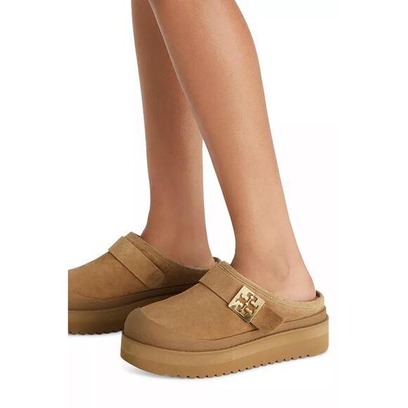 NEW TORY BURCH women's mellow shearling platform clogs in chestnut - Picture 5 of 6